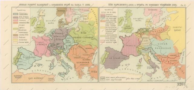 Rozsah panství Habsburků ... za Karla V. (1555) Říše Napoleonova (1810) a Evropa po kongresu Vídeňském (1815)