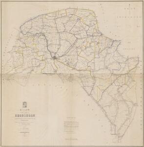 Kaart van de provincie Groningen waarop grootendeels de uitkomsten van de aldaar in de jaren 1855 tot 1859 gedane waterpassingen zijn aangewezen