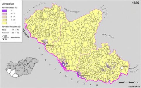 A horvátok aránya és száma Délnyugat-Magyarországon 1880-ben
