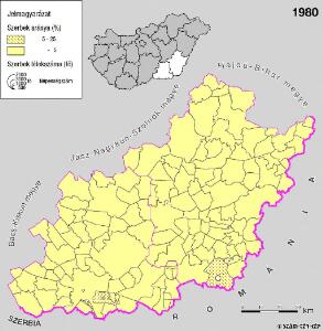 A szerbek aránya és száma a Dél-Alföldön 1980-ban