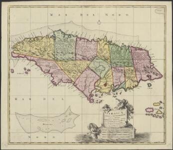 Jamaica, Americae septentrionalis ampla insula, a Christophoro Columbo detecta, in suas gubernationes peraccurate distincta