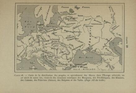 Carte de la distribution des peuples, et spécialement des Slaves, dans l’Europe orientale, au 9e siècle de notre ère, vis-à-vis des invasions asiatiques des Hongrois, des Petchénègues, des Khazars, des Cumans, des Polovtzes (Outses), des Bulgares et des Turks