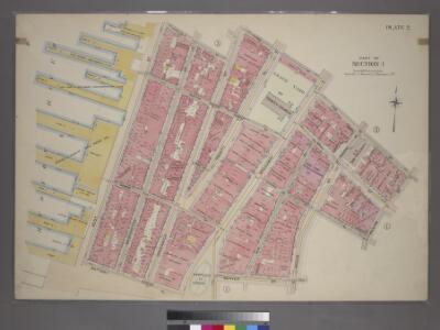 Plate 2, Part of Section 1: [Bounded by Carlisle Street, Greenwich Street, Thames Street, Broadway, Pine Street, William Street, Exchange Place, Broad Street, Beaver Street, Bowling Green, Battery Place, and (Hudson River Piers) West Street.]