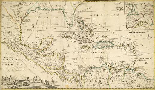A NEW MAPP of the WEST INDIES, or the ISLANDS of AMERICA in the NORTH SEA; Together with the adjacent DOMINIONS; Explaining what belongs to SPAIN, ENGLAND, FRANCE, HOLLAND &C. As also the severall Tracts made by the Gallions and Flota from place to place,