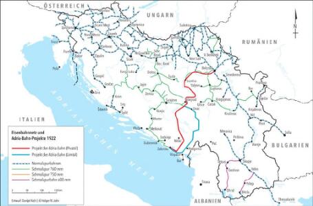 Eisenbahnnetz und Adria-Bahn-Projekte 1922