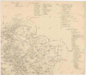Přehledná mapa obrysová velkostatku Orlíka pro vycházku České lesnické jednoty s vyznačením trasy vycházky v r. 1877 a v r. 1890, použitá k označení názvů lesních dílů 1