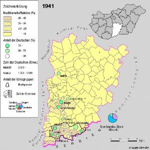 Siedlungsgebiet der Deutschen nach dem Nachbarschaftsindex für das Komitat Bács-Kiskun 1941