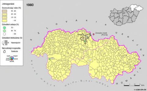A szlovákok településterülete a szomszédsági mutató alapján Északkelet-Magyarországon 1980-ban