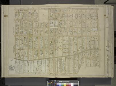 Queens, Vol. 1, Double Page Plate No. 6; Part of Ward 4, Jamaica; [Map bounded by Atlantic Ave., Jefferson Ave., Briggs Ave., Johnson  Ave., Lefferts Ave., Chichester Ave., Broadway, Belmont Ave., Liberty Ave.,      Morris Ave., Maure Ave., Frost Ave.