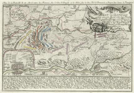 Plan der Bataille welche am 13. April 1759 bey Franckfurth zwischen Bergen und Fibel unter denen Französischen Trouppen des Herzogs von Broglio und der Armée des Herzogs Ferdinand von Braunschweig vorgefallen ist