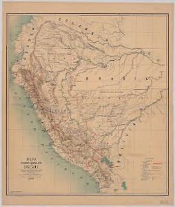 Mapa de los ferrocarriles del Peru : de sus principales vias de comunicación terrestres, fluviales y maritimas, y de la futura red ferroviaria según los proyectos formulados con indicación de los vias interfluviales llamadas varaderos