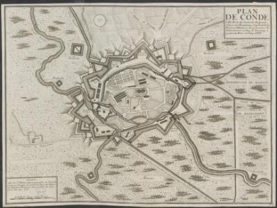 Plan de Conde: ville forte du Comté de Hainaut situee sur l'Escaut au conflent de la riviere d'Haine a deux lieues de Valenciennes a cinq de Tournay a quatre de Mons et cinq d'Ath