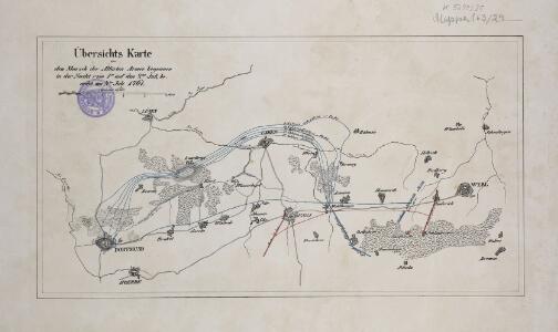 Übersichts Karte für den Marsch der Aliirten Armee, begonnen in der Nacht vom 1ten auf den 2ten Juli, beendet am 4ten Juli 1761